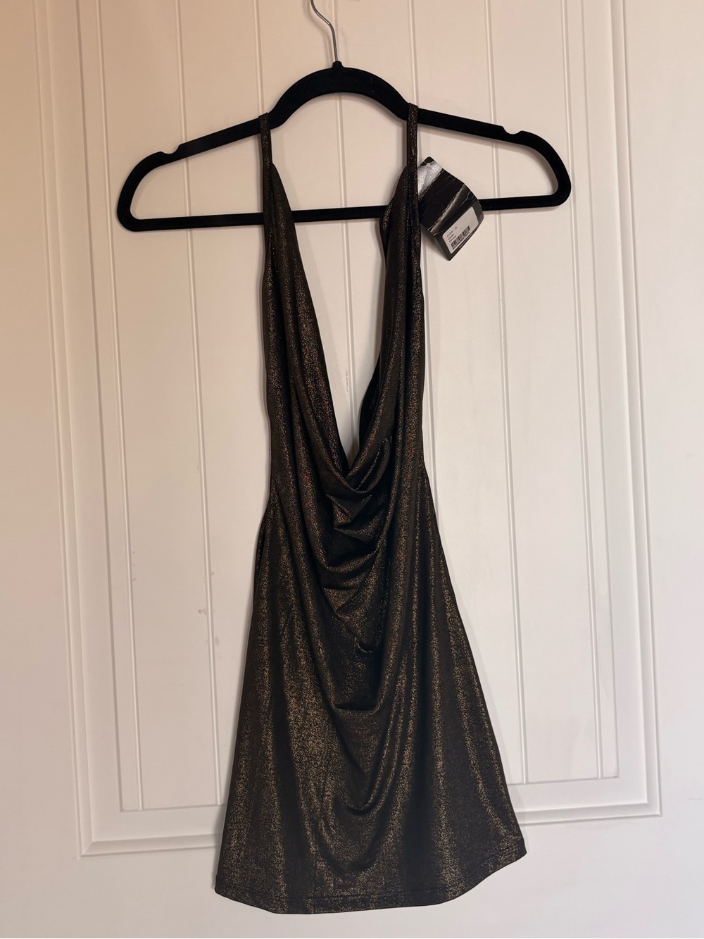 Metallic Draped cowl neck Halter Mini Dress - Black/Gold NWT